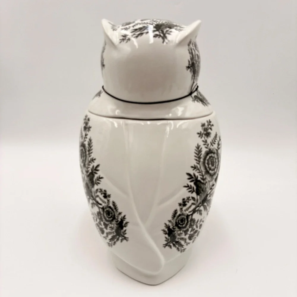 Spooky Street Owl Cookie Jar White Black Floral Toile Ceramic 78oz Halloween New
